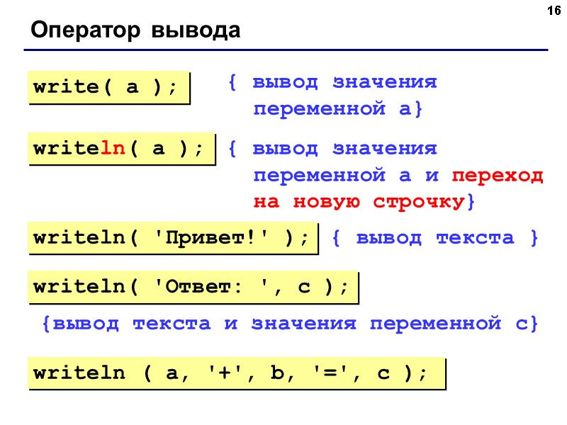 16 Оператор вывода { вывод значения переменной a} { вывод значения переменной a и 16 Оператор вывода { вывод значения переменной a} { вывод значения переменной a и